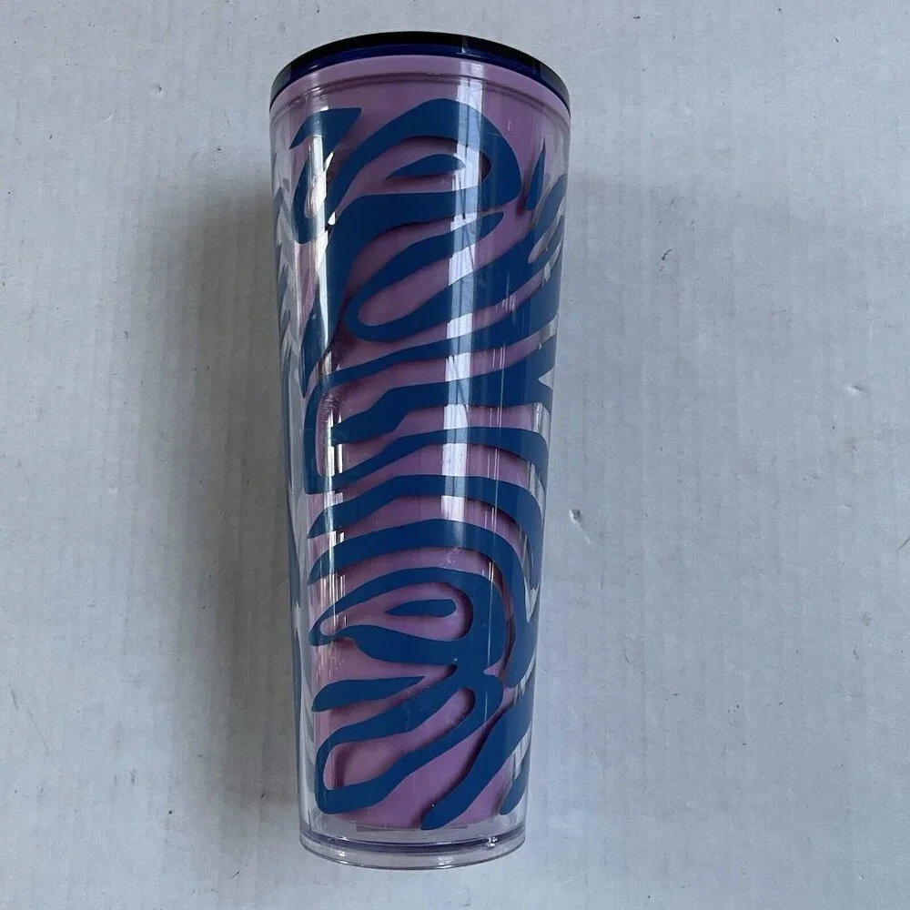Starbucks Summer 2021 Pink Blue Zebra Print Venti 24oz Tumbler Cold Cup No Straw